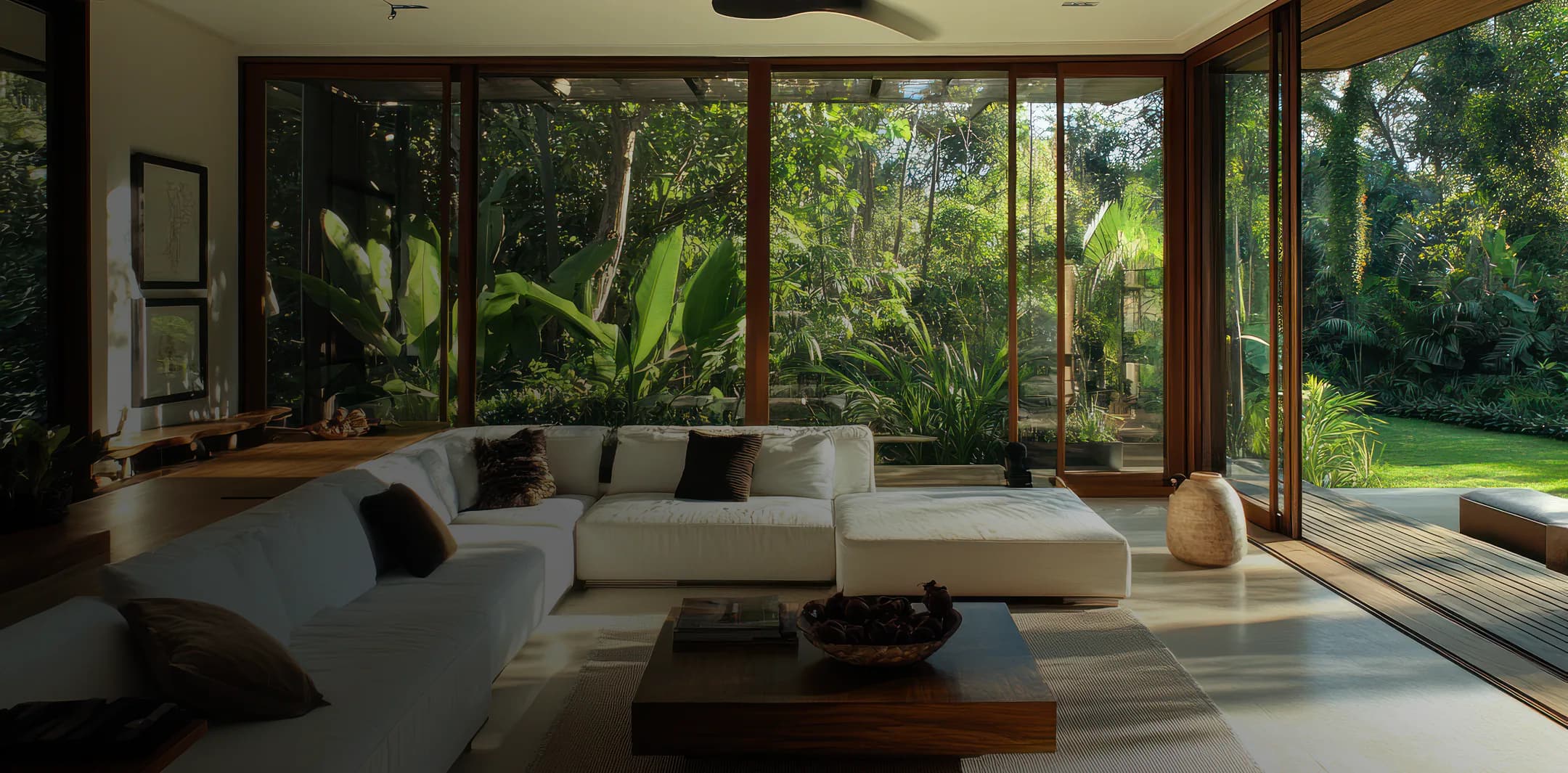 A living room opening onto a tropical garden through full-height glass.