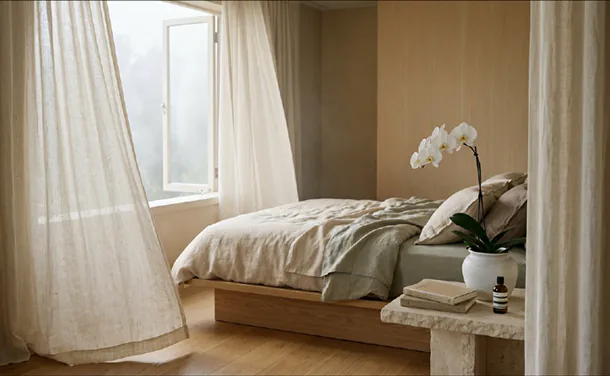 Linen curtains lifting in the breeze beside a made bed.