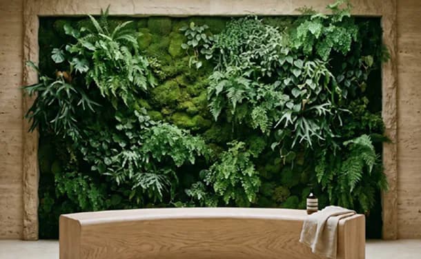 A living wall of ferns and moss above a timber bench.