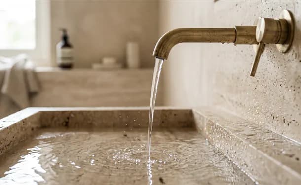 Water running from a brass tap into a stone basin.