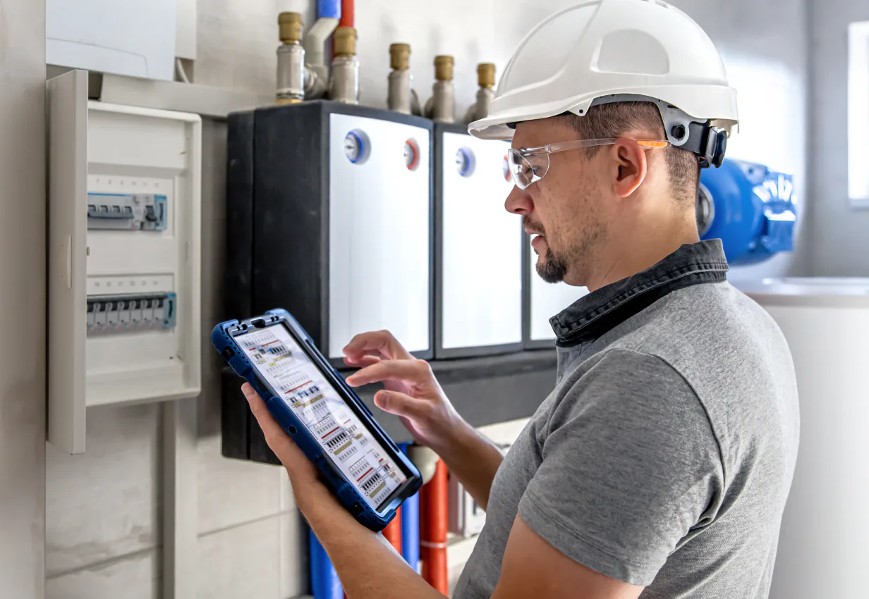 An engineer in a hard hat checking a building’s systems on a tablet.