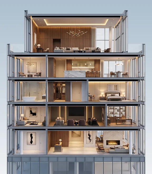 A cutaway of a residential tower, floor by floor.