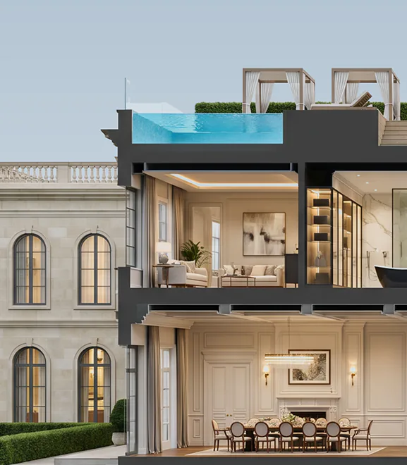 A cutaway of an estate house with a rooftop pool.