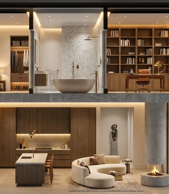 A cutaway of a private home: bath, dressing room, study and kitchen.
