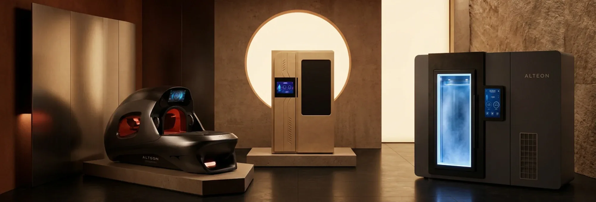 ALTEON systems on stone plinths: an Infrashape bed, a timber cabinet and a cryotherapy chamber.