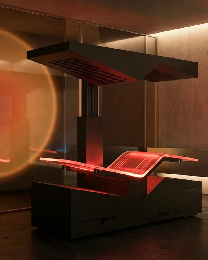 The ReVITAL chamber glowing red in a dark, glass-walled suite.