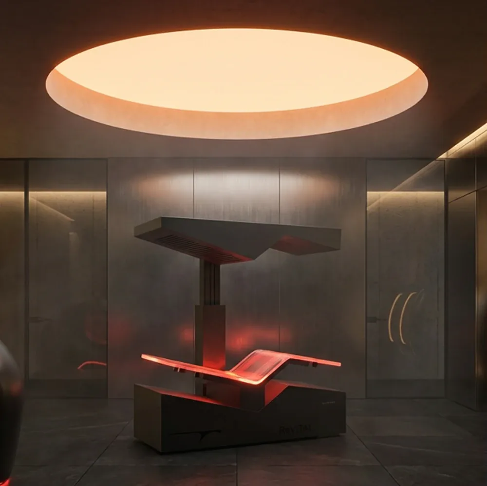A ReVITAL chamber beneath a circular skylight in a dark stone suite.