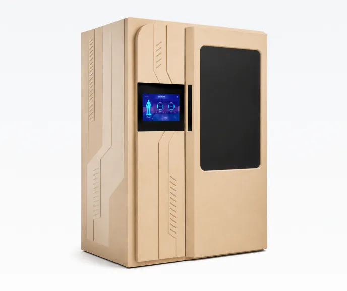 A champagne cryotherapy cabinet with a touch screen.