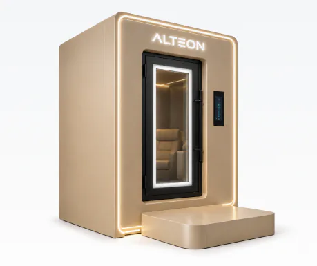 A champagne cryotherapy booth with an illuminated ALTEON sign and step.