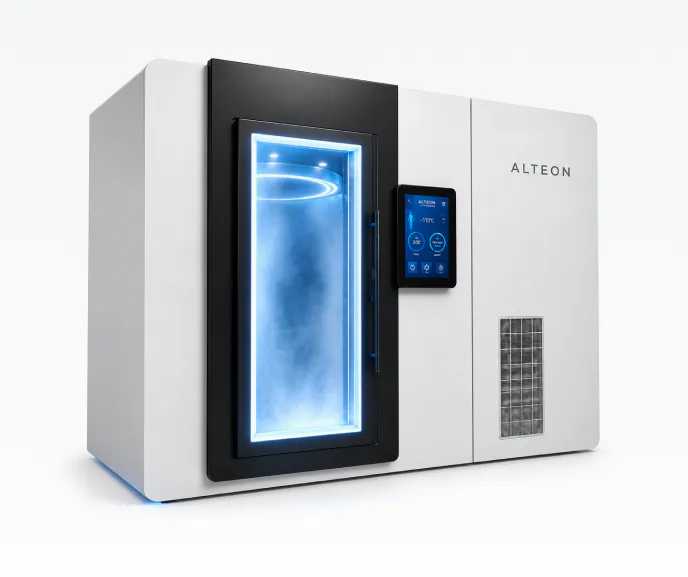 A white cryotherapy chamber with a blue-lit glass door.