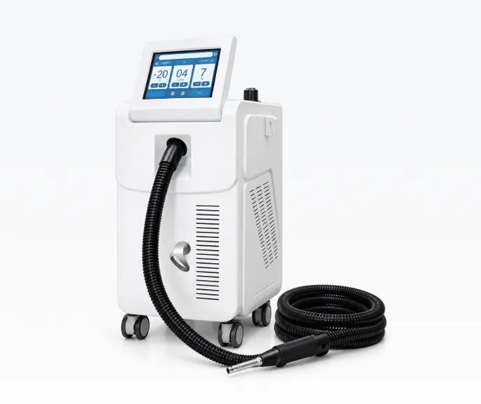 A white localised cryotherapy unit with a coiled hose.