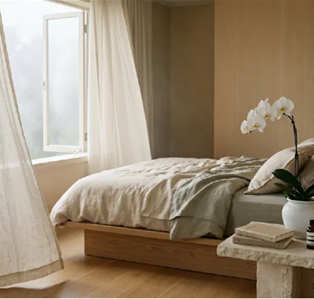Linen curtains lifting at an open bedroom window.