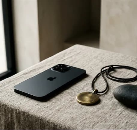 A phone set aside on a linen-covered table beside a brass pendant and a smooth stone.