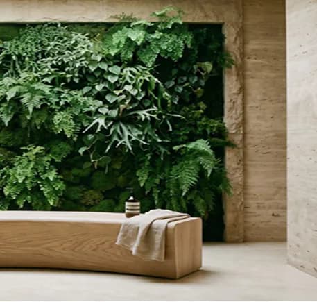 A living plant wall above a curved timber bench in a stone room.