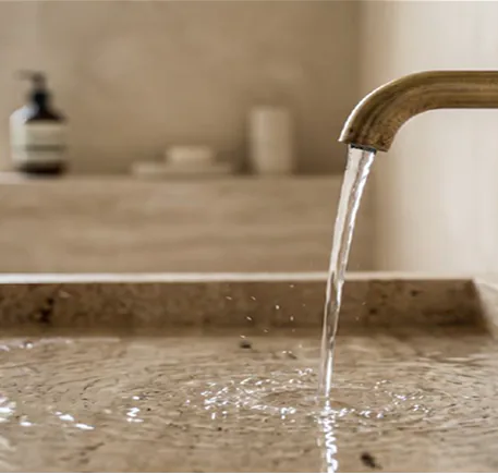 Water running from a brass tap into a stone basin.