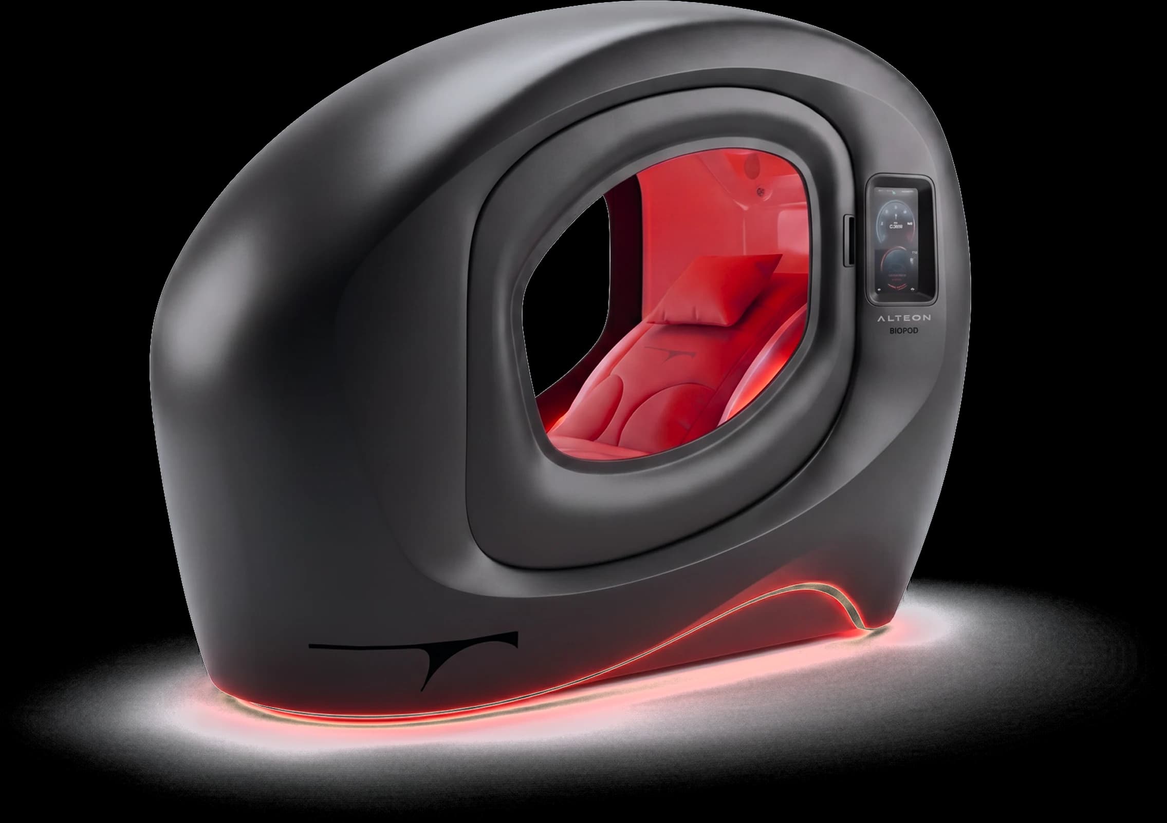 The BIOPOD longevity capsule, a matte shell with a red-lit interior.
