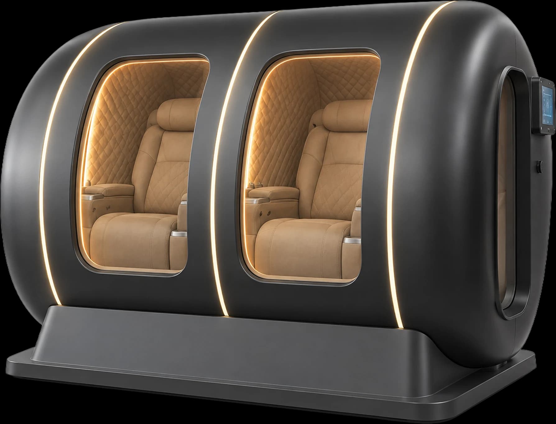 The HEAL O2 twin-seat hyperbaric chamber in graphite with amber interior lighting.