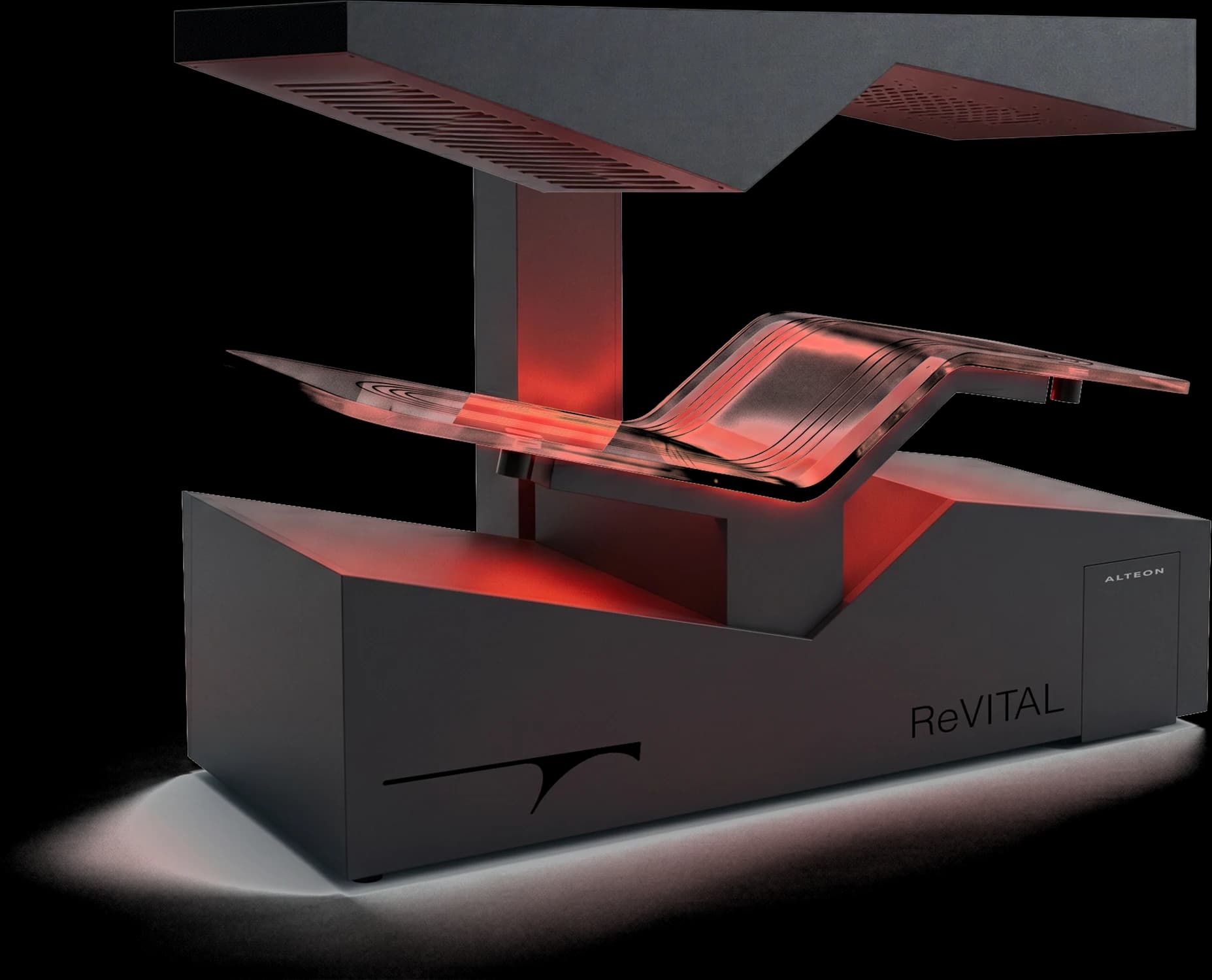 The ReVITAL chamber, a table-form system under a red-lit canopy.