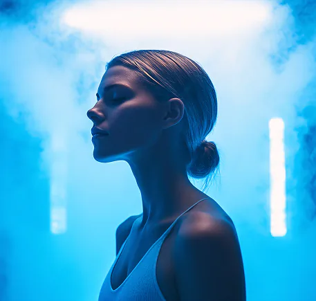 A guest standing in blue cryogenic vapour.